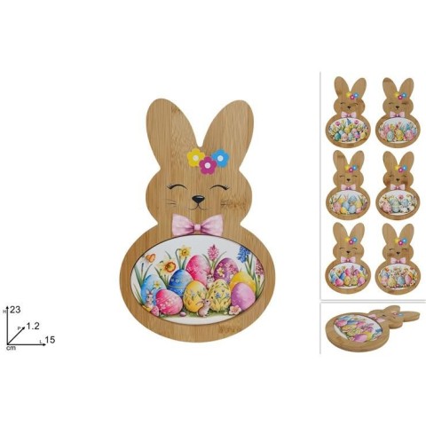 TAGLIERE LEGNO CONIGLIO CON DECORO CERAMICA 6ASS